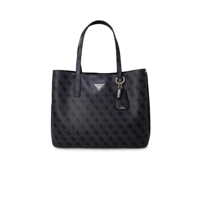 Black Guess designer handbag with patterned texture and leather handles