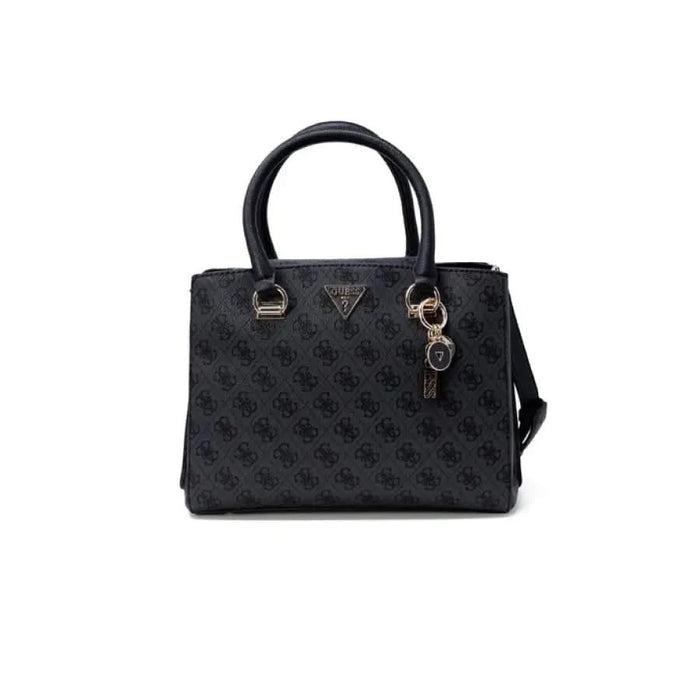 Black Guess designer handbag featuring a logo pattern and gold-tone hardware