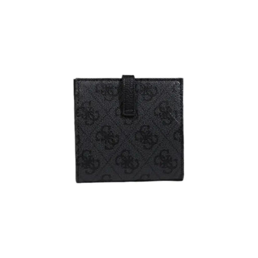 Black Guess designer wallet with monogram pattern and snap closure for women