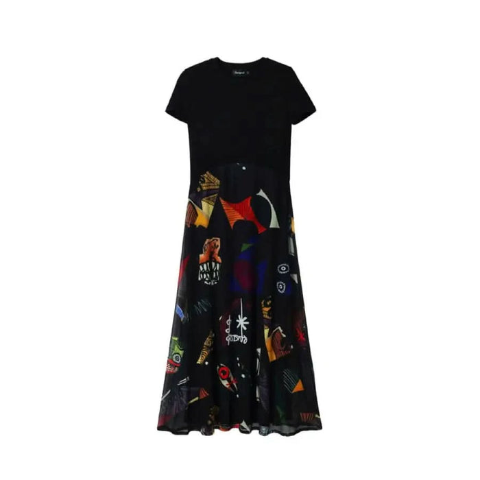 Desigual Women’s Dress: Black with Colorful Abstract Patterned Skirt - Trendy and Stylish!