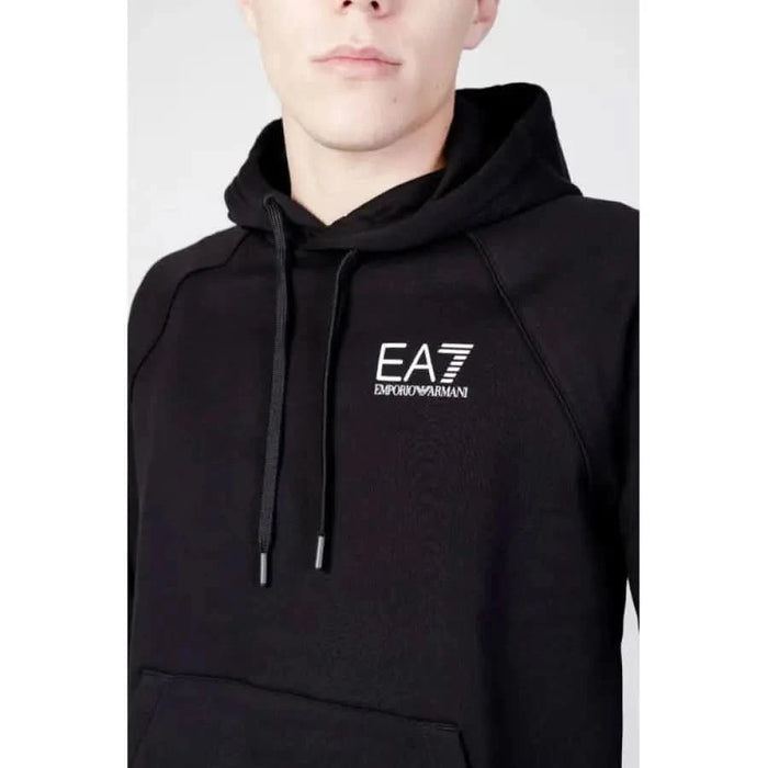 Black EA7 Emporio Armani hoodie featuring a white logo on the chest for men