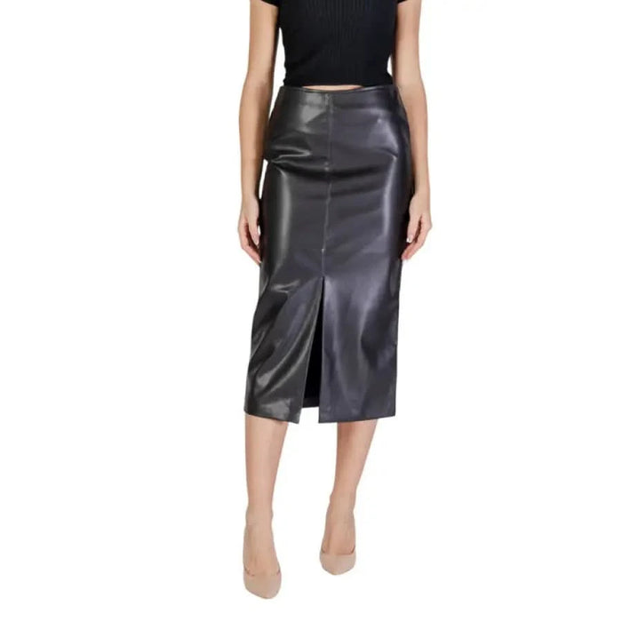 Black faux leather midi skirt with front slit from Ichi Women Skirt collection