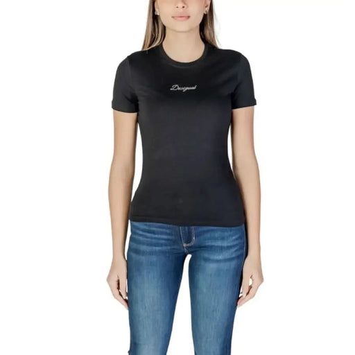 Black fitted Desigual Women’s Round Neck T-Shirt with subtle text across the chest