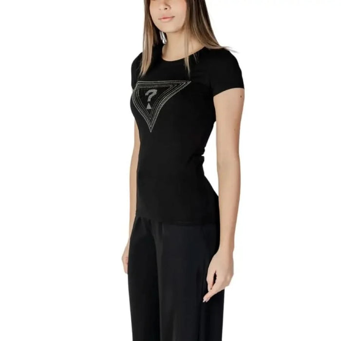 Black fitted Guess Women’s T-shirt featuring a triangular graphic design on the chest