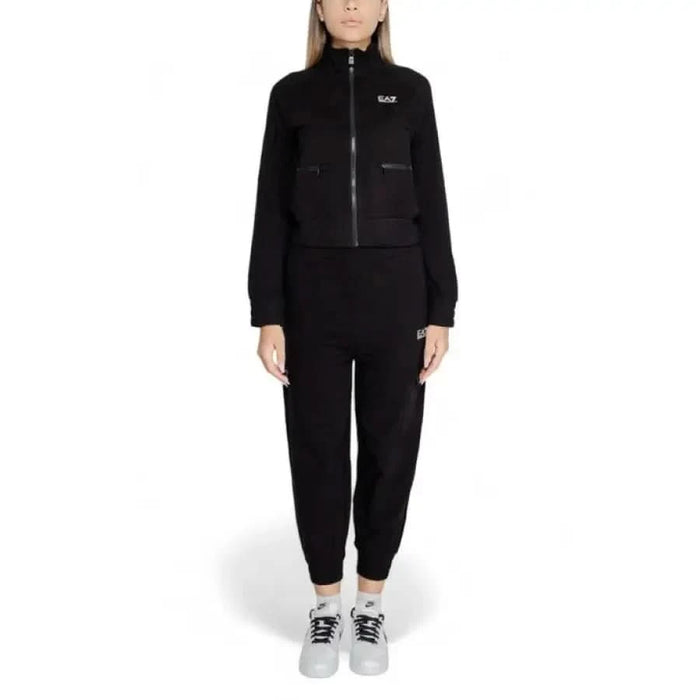 Black fleece jumpsuit with front zipper and elastic cuffs from Ea7 for women