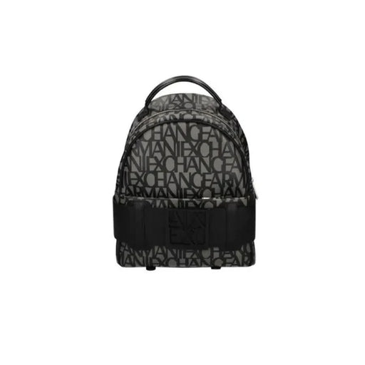 Black and gray Armani Exchange women bag featuring a text pattern and horizontal strap