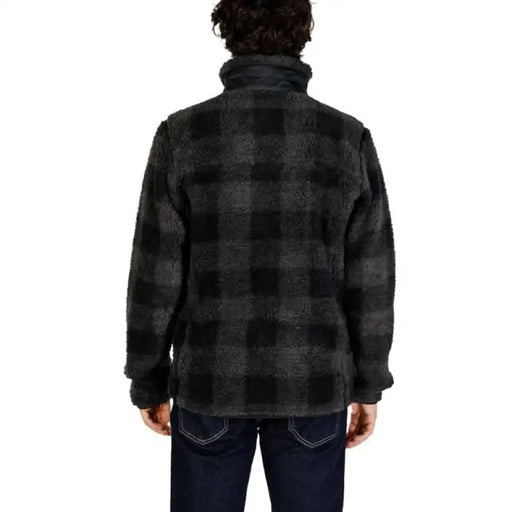 Black and grey plaid fleece jacket from the back, Columbia Men Jacket