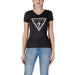 Black Guess logo t-shirt with rhinestone triangle design for women’s fashion