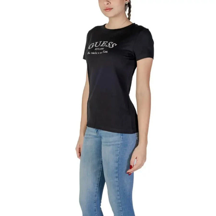 Black GUESS logo t-shirt with short sleeves for women, featuring a round neck design