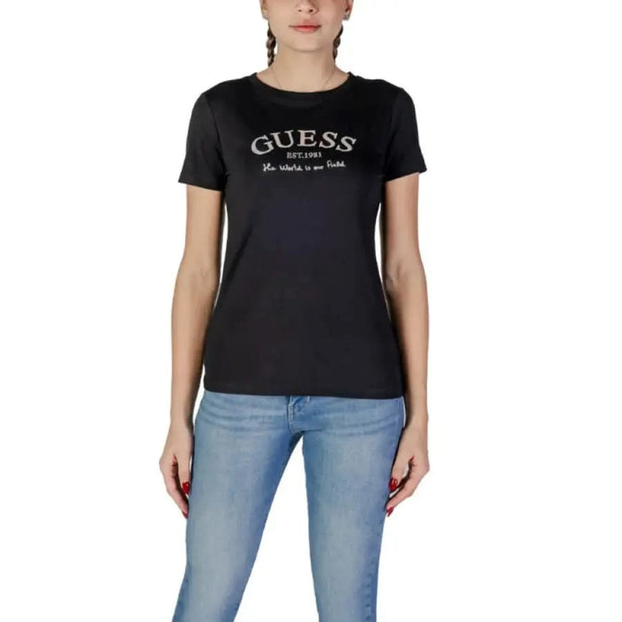 Black Guess logo t-shirt with short sleeves for women in round neck style