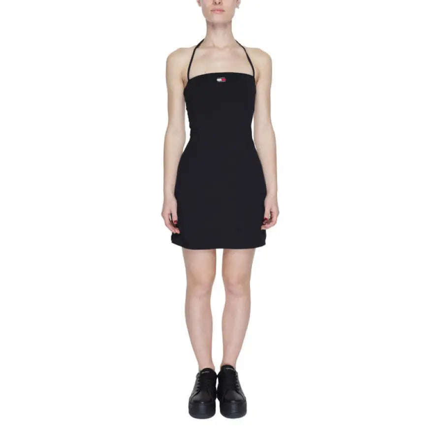 Tommy Hilfiger Jeans black halter-neck mini dress with logo on chest for women