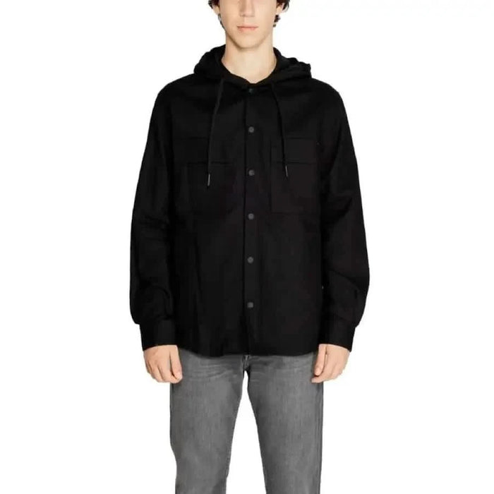 Black hooded button-up jacket worn by person from Antony Morato Men collection