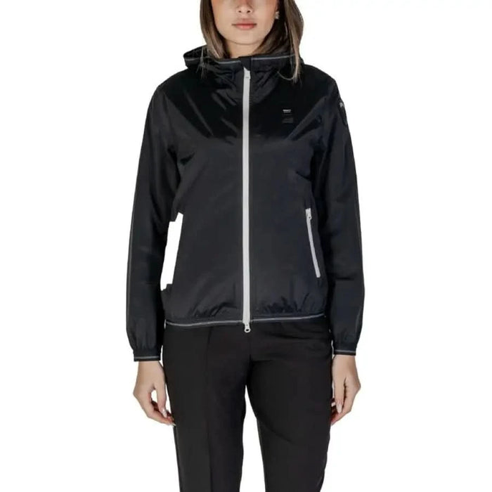 Blauer Women’s Black Long Hooded Jacket for Spring and Summer displayed on mannequin