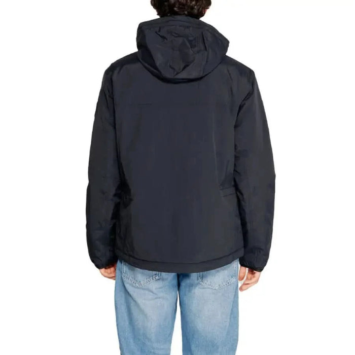 Black hooded jacket worn with blue jeans from Napapijri Men Jacket collection