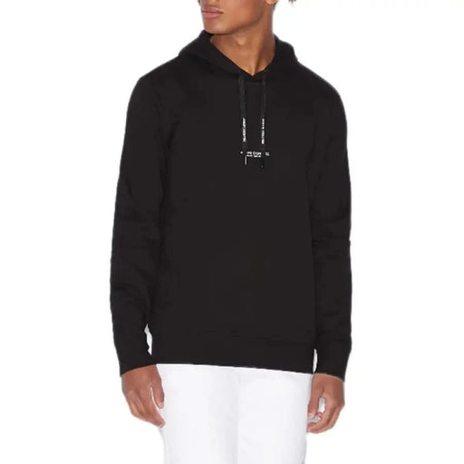 Armani Exchange Men Sweatshirts Black Hooded Sweatshirt with Drawstrings and Chest Logo