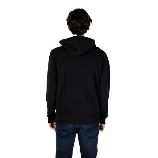 Black hooded sweatshirt from behind featuring Moschino Underwear Men Sweatshirts design