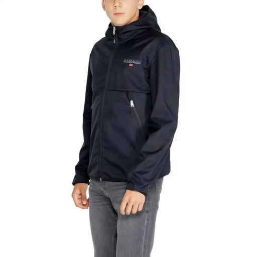 Black hooded zip-up jacket with logo, Napapijri Men Jacket for stylish warmth