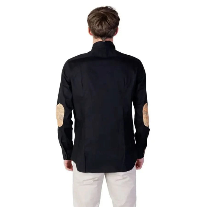 Alviero Martini Prima Classe Men Shirt black jacket with tan elbow patches back view