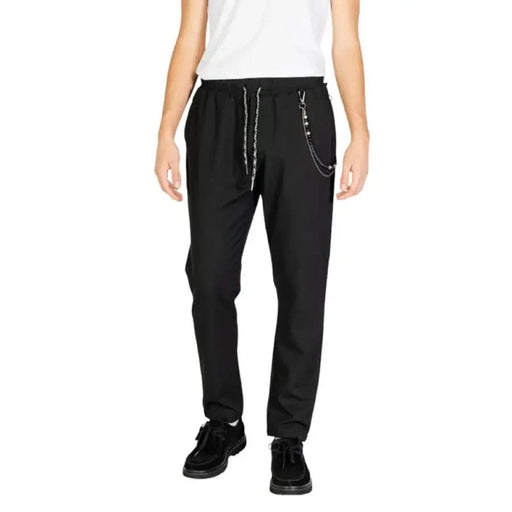 Black jogger pants with drawstring waist and chain detail from Gianni Lupo Men Trousers