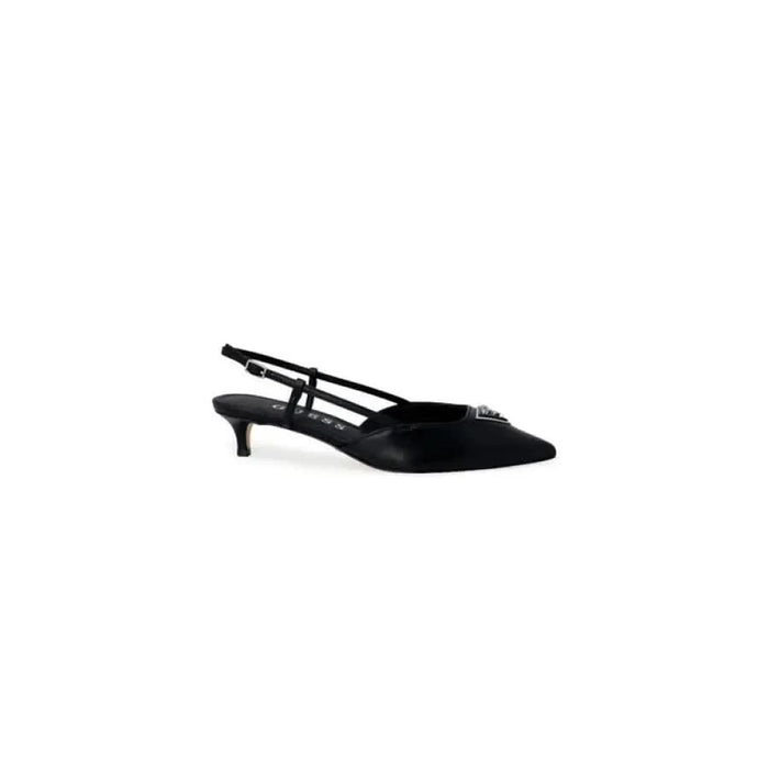 Black kitten heel slingback from Guess featuring bow and buckle detail in women’s pumps