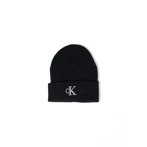 Calvin Klein black knit beanie with ’CK’ logo on folded brim for women