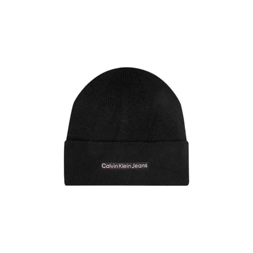 Black knit beanie featuring Calvin Klein Jeans embroidery, part of Calvin Klein Women Cap