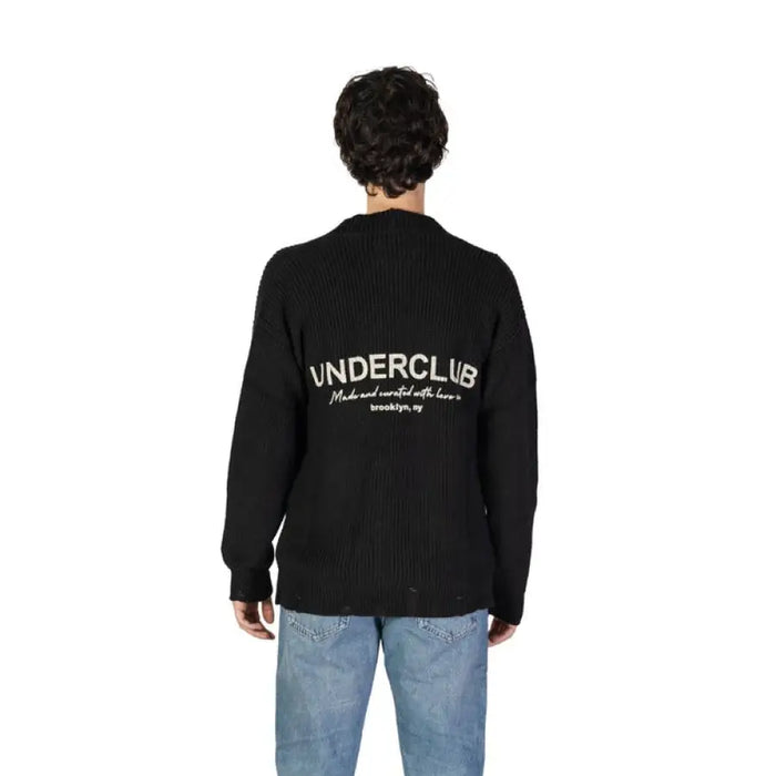 Black Long Low-Cut V-Neck Sweater for Men featuring UNDERCLUB text on the back