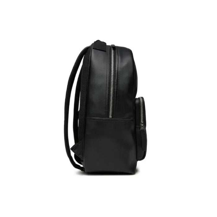 Black leather backpack featuring a sleek, minimalist design by Calvin Klein Men