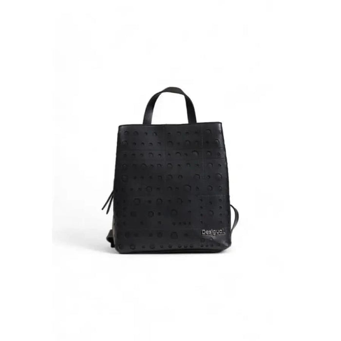 Black leather backpack with perforated design and logo from Desigual Women Bag