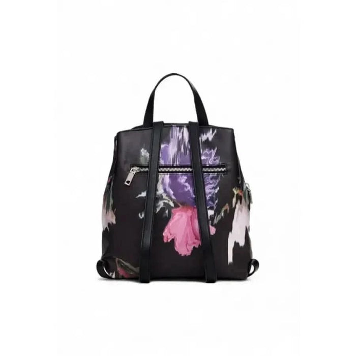 Black leather backpack with floral print accents from Desigual Women Bag collection