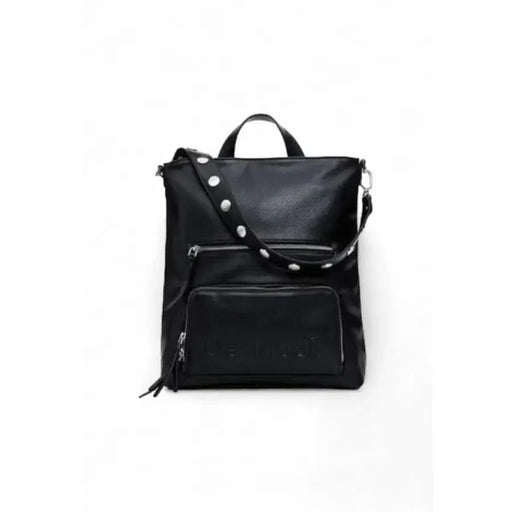 Black leather backpack with zippered compartments and studded strap by Desigual