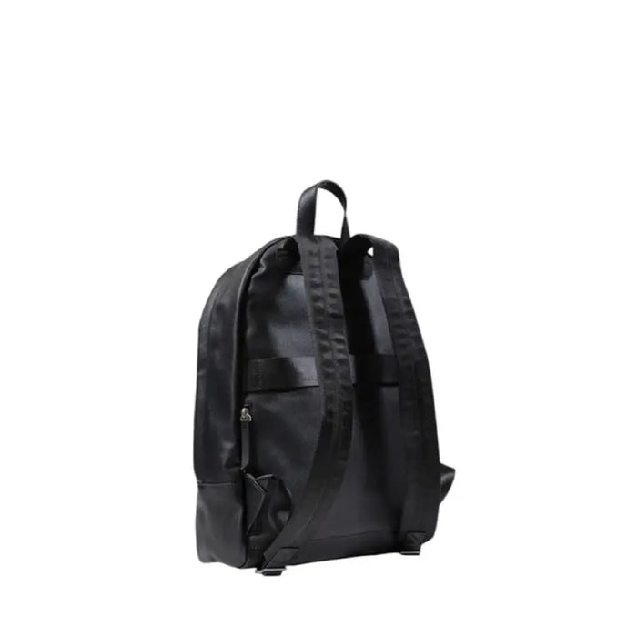 Black leather backpack with zippered compartments and adjustable straps by Guess