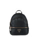 Black leather backpack with triangular logo and gold-toned zippers by Guess