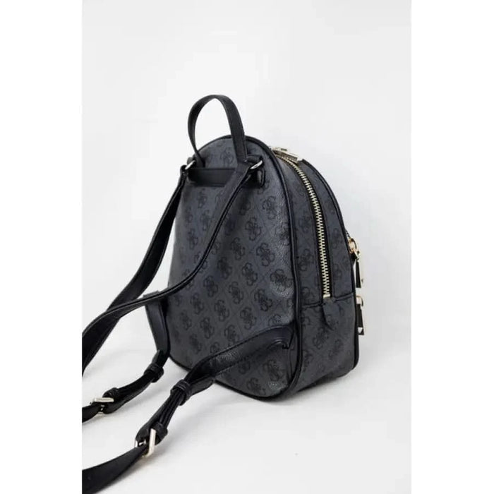 Black leather backpack with embossed logo and gold-toned zippers by Guess Women