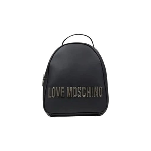 Black leather backpack featuring metallic Love Moschino text on the front