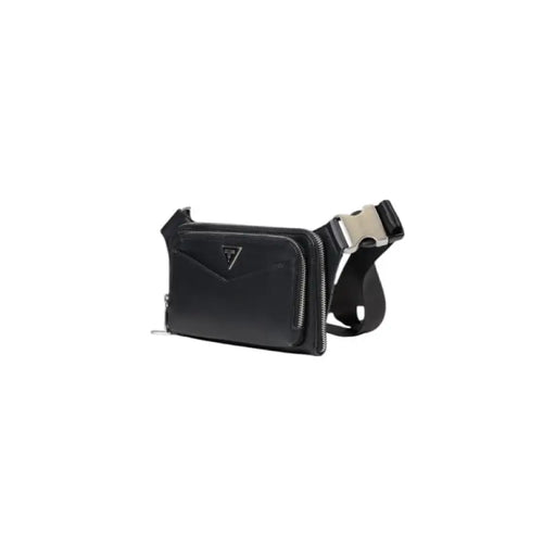 Black leather belt bag with silver zipper and buckle from Guess Men’s collection