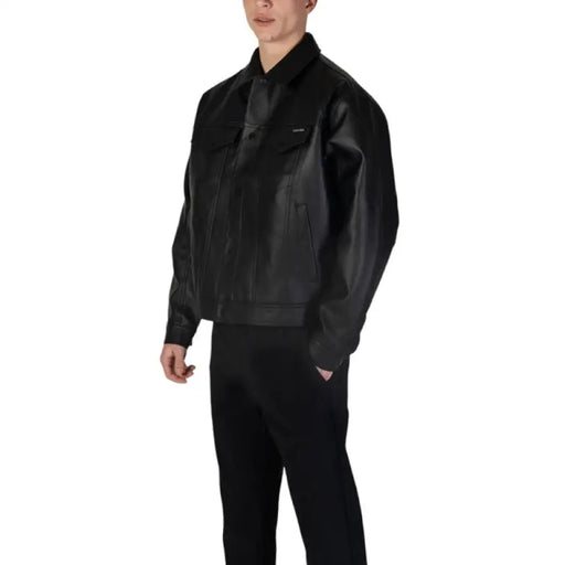 Black leather bomber jacket with collar and front zipper from Calvin Klein Jeans