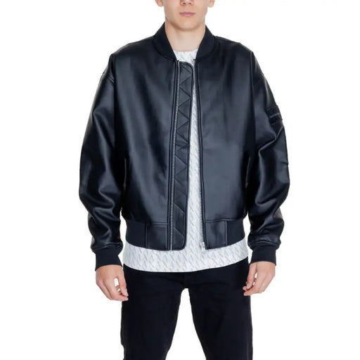 Black leather bomber jacket with ribbed cuffs and waistband by Calvin Klein for men