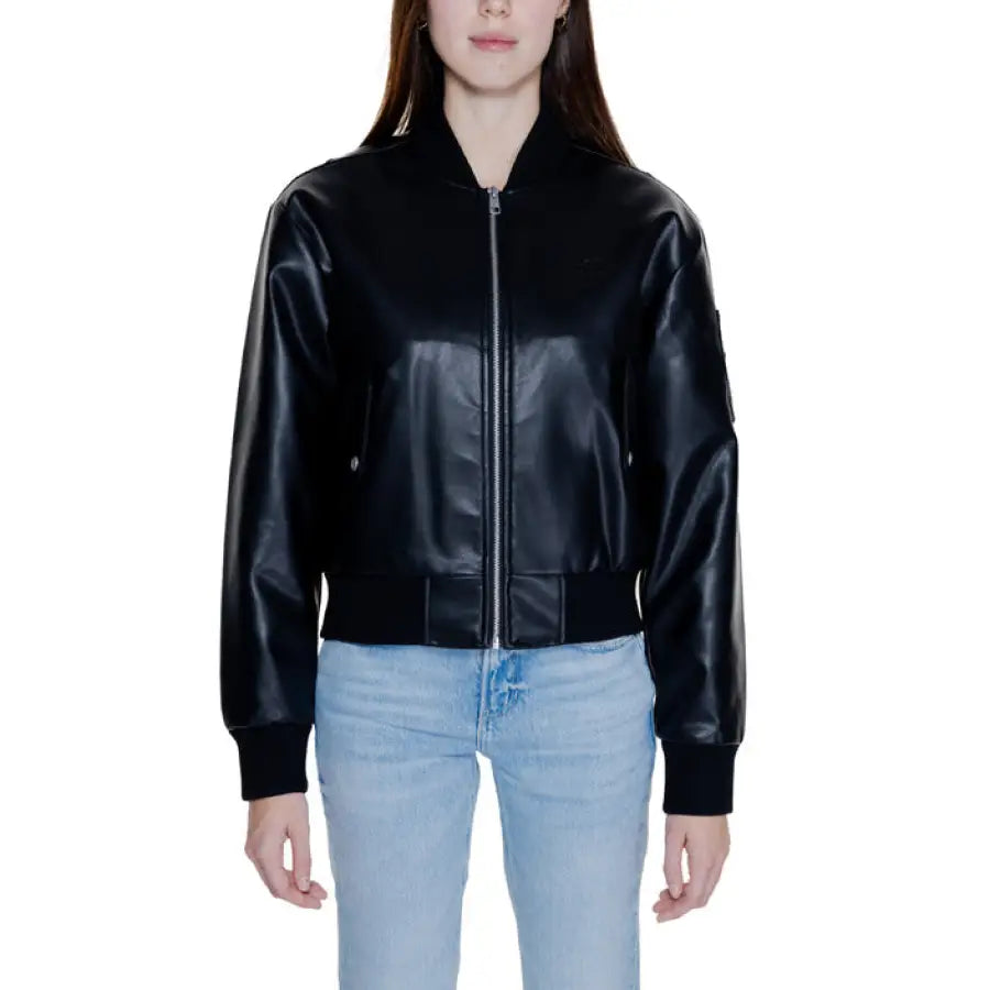 Black leather bomber jacket with zipper front from Calvin Klein Women Blazer collection