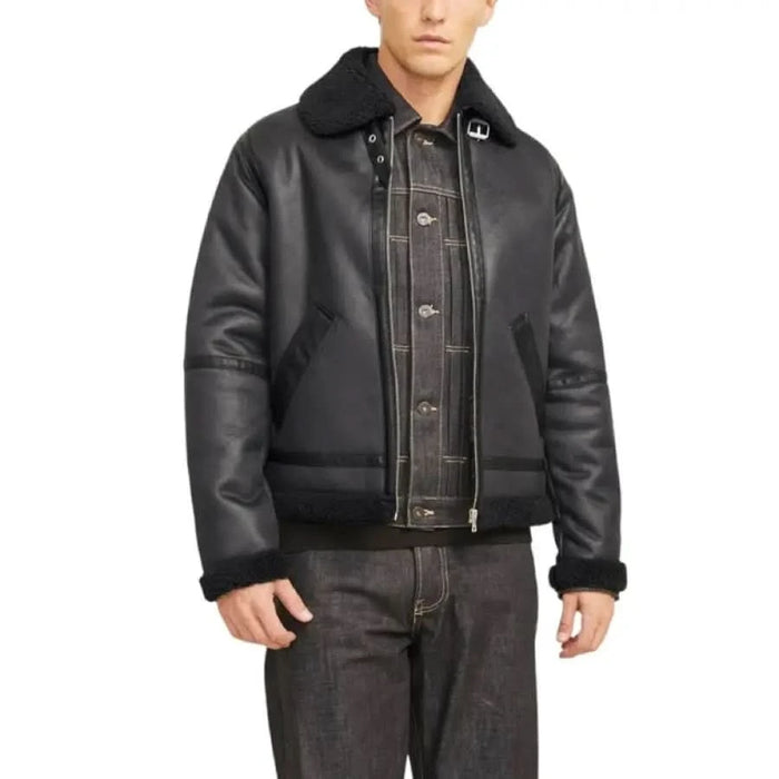 Black leather bomber jacket with faux fur collar by Jack & Jones Men Jacket