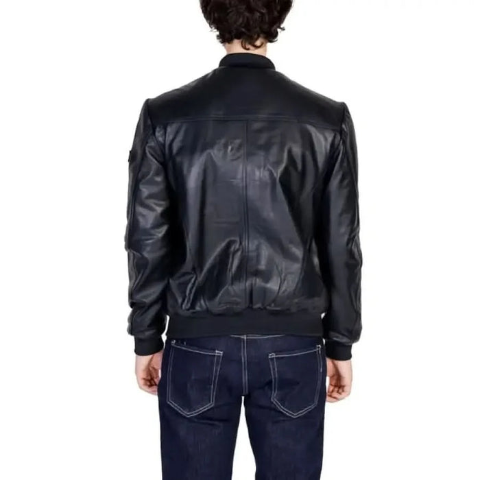 Black leather bomber jacket displayed from the back in Peuterey Men Jacket collection