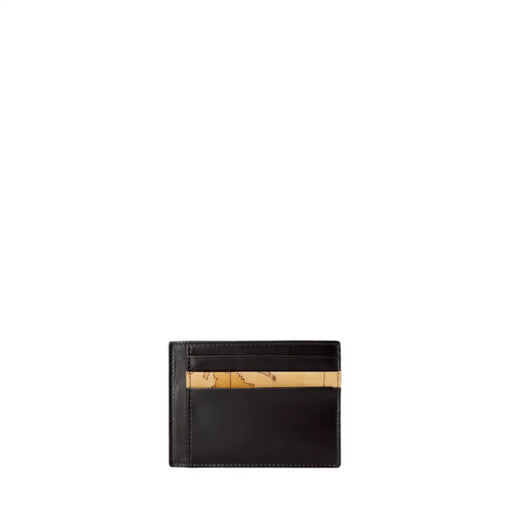 Black leather card holder featuring map detail in Alviero Martini Prima Classe wallet