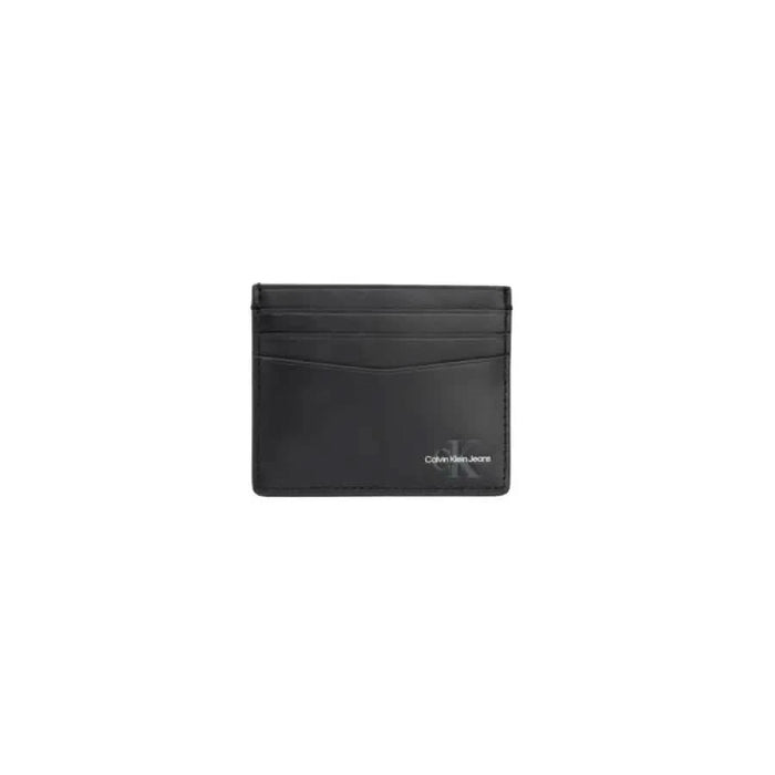 Black leather card holder with multiple slots and Calvin Klein branding in Men Wallet