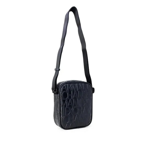 Black leather crossbody bag with embossed pattern and adjustable strap from Armani Exchange