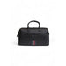 Black leather duffle bag with red and white stripe detail by Tommy Hilfiger