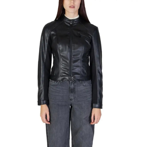 Black leather fitted Guess Women Blazer with high collar and front zipper