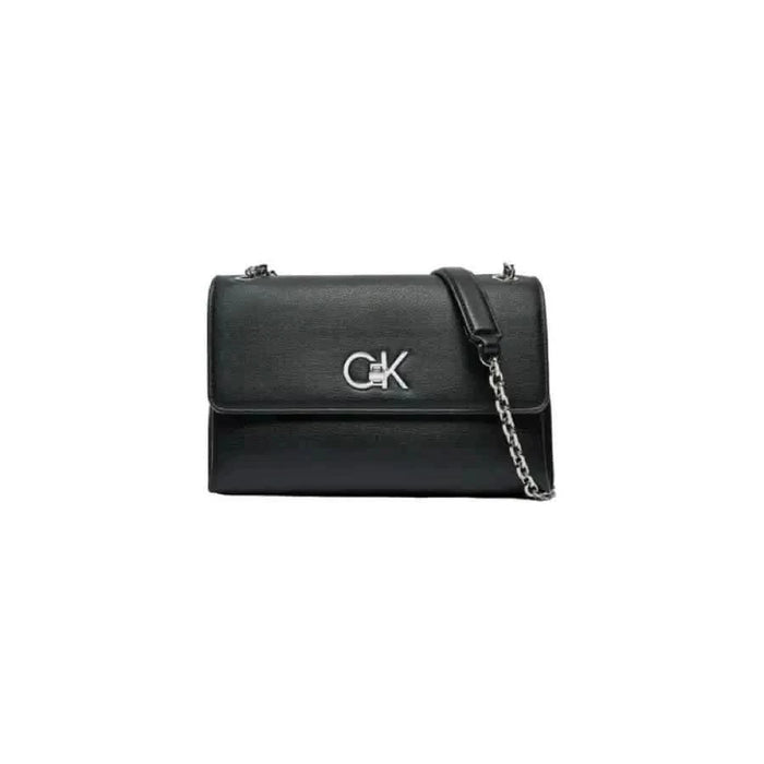 Black leather handbag with silver CK logo and chain strap from Calvin Klein Women Bag