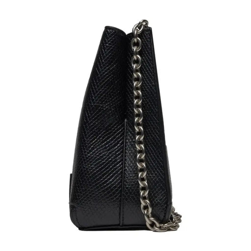 Black leather handbag with textured surface and metal chain strap by Calvin Klein