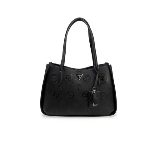 Black leather handbag with embossed logo pattern and double handles by Guess Women Bag