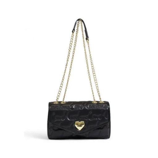 Black leather handbag by Love Moschino with gold chain straps and heart-shaped clasp